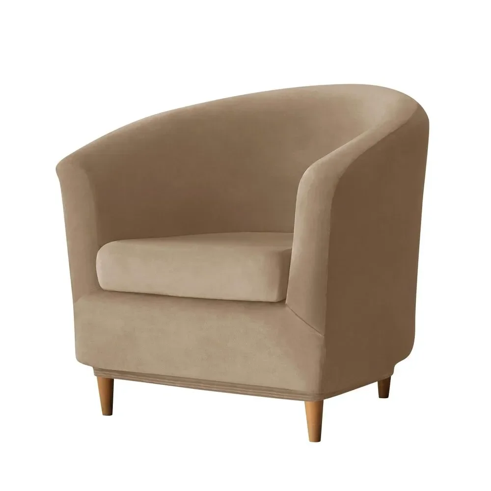 2 Piece Velvet Club Chair Slipcover, Stretch Barrel Chair Cover (Khaki)